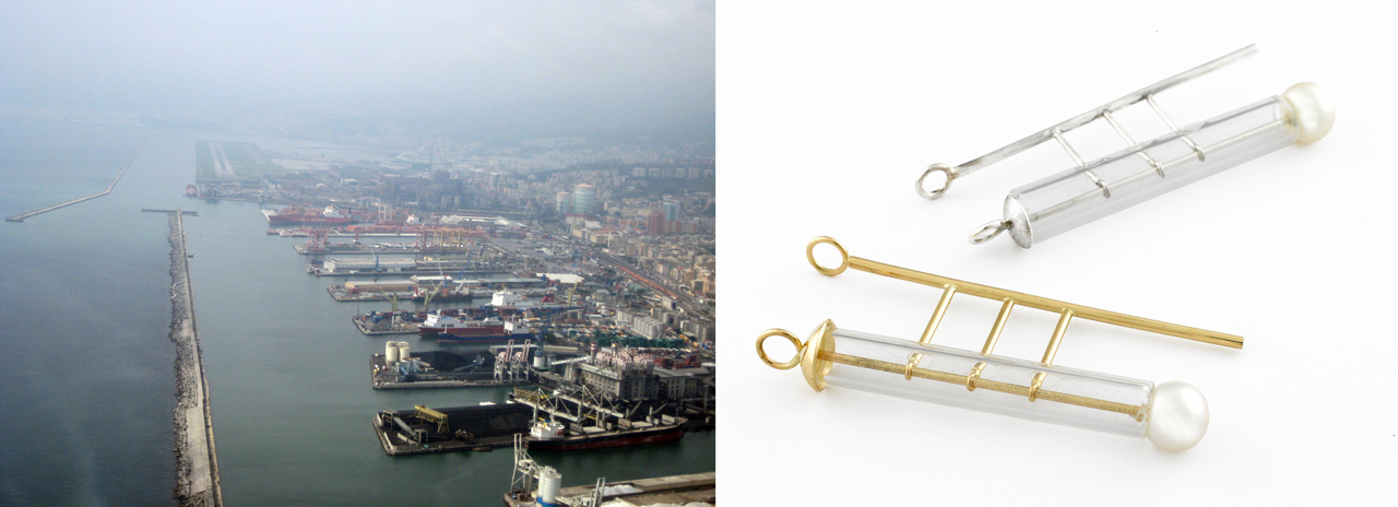 <p> </p>
<p>Genoa</p>
<p>pendants</p>
<p>18 ct gold, borosilicate glass, pearl</p>